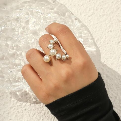 Vintage Crystal Pearl Rings for Women Girls,Stacking Promise Pearl Rings Adjustable Open Pearl Finger Ring Trendy Personality Pearl Statement Jewelry Gifts in Saudi Arabia