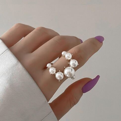 Vintage Crystal Pearl Rings for Women Girls,Stacking Promise Pearl Rings Adjustable Open Pearl Finger Ring Trendy Personality Pearl Statement Jewelry Gifts in Saudi Arabia