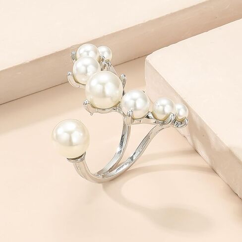 Vintage Crystal Pearl Rings for Women Girls,Stacking Promise Pearl Rings Adjustable Open Pearl Finger Ring Trendy Personality Pearl Statement Jewelry Gifts in Saudi Arabia