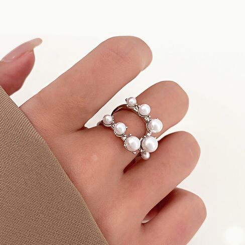 Vintage Crystal Pearl Rings for Women Girls,Stacking Promise Pearl Rings Adjustable Open Pearl Finger Ring Trendy Personality Pearl Statement Jewelry Gifts in Saudi Arabia