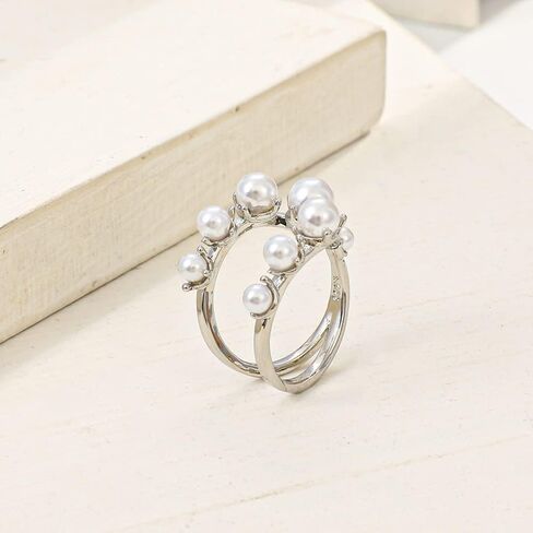 Vintage Crystal Pearl Rings for Women Girls,Stacking Promise Pearl Rings Adjustable Open Pearl Finger Ring Trendy Personality Pearl Statement Jewelry Gifts in Saudi Arabia