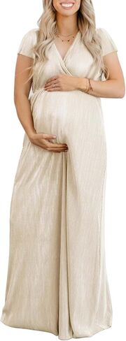 فستان للحمل بأكمام واسعة مطوي على شكل آلهة يونانية/فستان طويل برقبة على شكل حرف V لالتقاط الصور لحفلة استقبال المولود الجديد in Kuwait