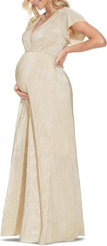 فستان للحمل بأكمام واسعة مطوي على شكل آلهة يونانية/فستان طويل برقبة على شكل حرف V لالتقاط الصور لحفلة استقبال المولود الجديد in Kuwait