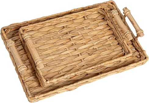 Household Essentials Handwoven Water Hyacinth Rectangular Tray Set with Wood Handles, Natural, Set of 2 in Kuwait