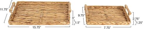Household Essentials Handwoven Water Hyacinth Rectangular Tray Set with Wood Handles, Natural, Set of 2 in Kuwait