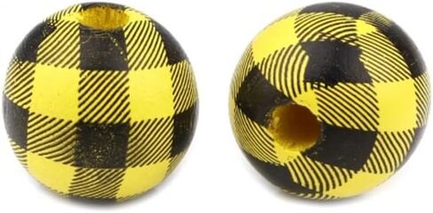 20 Wood Beads Farmhouse Buffalo Plaid Checker 15mm for: Crafts Garland Tiered Tray Decor - Lot of 20 Beads (Black & Yellow) in Saudi Arabia