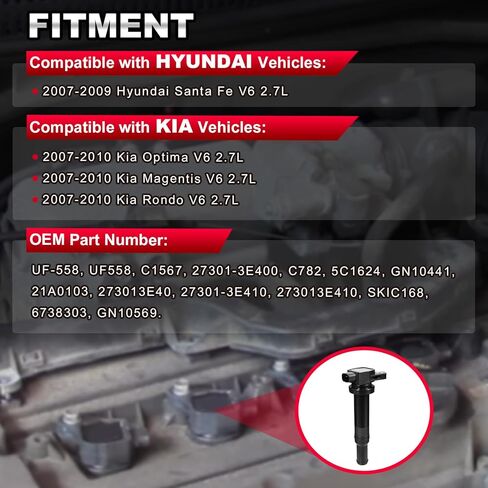 مجموعة من 6 ملفات إشعال متوافقة مع 2007 2008 2009 2010 Hyundai Santa Fe Kia Rondo Magentis Optima l4 V6 2.4L 2.7L يستبدل UF558 C1567 C782 5C1624 SKIC168 GN10441 21A0103 GN10569 in Kuwait