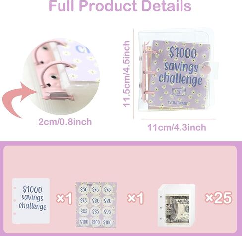 مجلد تحدي التوفير 1000، كتاب تحديات توفير الأموال الشهرية مع مظاريف، مجلد صغير للميزانية مع مظاريف نقدية (وردي) in Kuwait