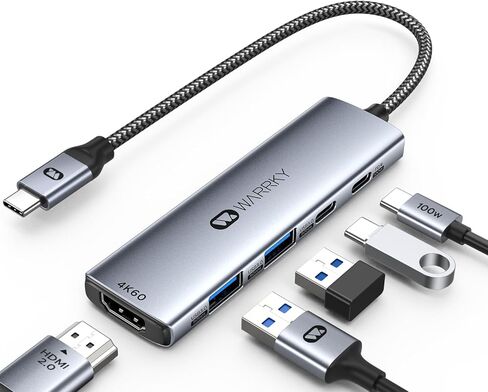 WARRKY USB C Hub 5 في 1 【4K 60 هرتز HDMI】 منافذ A&C من النوع 5 جيجابت في الثانية، PD 100 وات، محطة إرساء متينة من الألومنيوم والنايلون، محول USBC متعدد المنافذ متوافق مع MacBook Pro/Air، iPad Pro، iPhone 15، أجهزة الكمبيوتر المحمولة in Kuwait