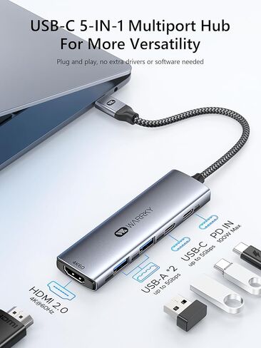 WARRKY USB C Hub 5 في 1 【4K 60 هرتز HDMI】 منافذ A&C من النوع 5 جيجابت في الثانية، PD 100 وات، محطة إرساء متينة من الألومنيوم والنايلون، محول USBC متعدد المنافذ متوافق مع MacBook Pro/Air، iPad Pro، iPhone 15، أجهزة الكمبيوتر المحمولة in Kuwait