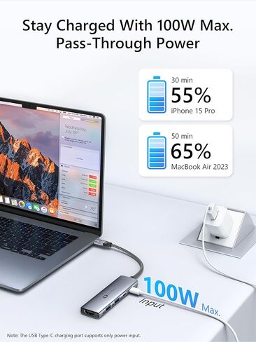 WARRKY USB C Hub 5 في 1 【4K 60 هرتز HDMI】 منافذ A&C من النوع 5 جيجابت في الثانية، PD 100 وات، محطة إرساء متينة من الألومنيوم والنايلون، محول USBC متعدد المنافذ متوافق مع MacBook Pro/Air، iPad Pro، iPhone 15، أجهزة الكمبيوتر المحمولة in Kuwait