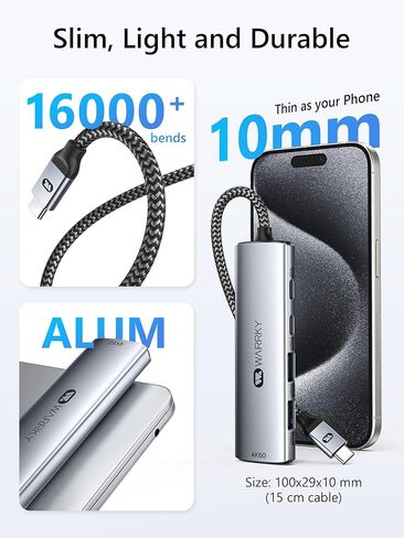 WARRKY USB C Hub 5 في 1 【4K 60 هرتز HDMI】 منافذ A&C من النوع 5 جيجابت في الثانية، PD 100 وات، محطة إرساء متينة من الألومنيوم والنايلون، محول USBC متعدد المنافذ متوافق مع MacBook Pro/Air، iPad Pro، iPhone 15، أجهزة الكمبيوتر المحمولة in Kuwait