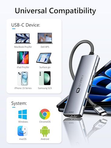WARRKY USB C Hub 5 في 1 【4K 60 هرتز HDMI】 منافذ A&C من النوع 5 جيجابت في الثانية، PD 100 وات، محطة إرساء متينة من الألومنيوم والنايلون، محول USBC متعدد المنافذ متوافق مع MacBook Pro/Air، iPad Pro، iPhone 15، أجهزة الكمبيوتر المحمولة in Kuwait