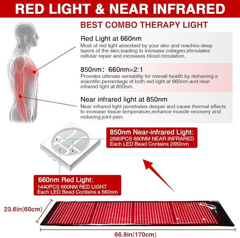 جهاز العلاج بالضوء الأحمر من ALDIOUS، وسادة إضاءة حمراء وبالقرب من الأشعة تحت الحمراء 1440 قطعة، حصيرة علاج بالضوء LED لكامل الجسم 67 بوصة × 23.6 بوصة، وسادة حمراء كبيرة لوضع المنزل مع وضع النبض، وضع التسخين، مؤقت قابل للتعديل in Kuwait