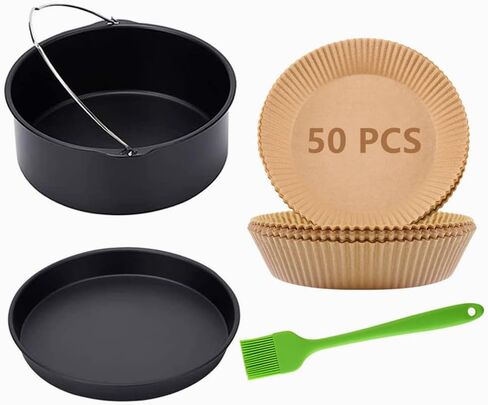 Air Fryer Accessories, Includes 7 inch Cake Barrel, Pizza Pan and 50Pcs Non-stick Disposable Air Fryer Liners Baking Paper, Silicone Basting Pastry Brush as Bonus (Green) in Saudi Arabia