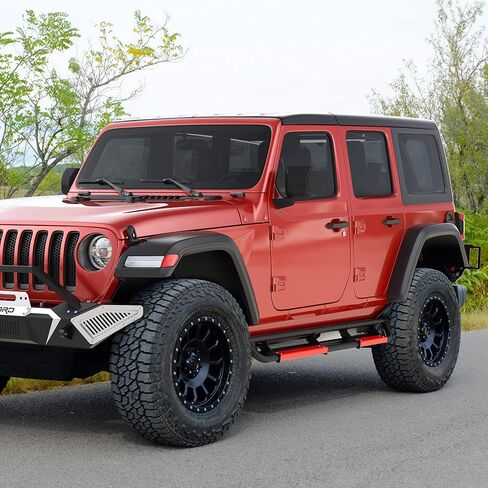 oEdRo All Steel Running Boards with Paintable Step Plates, Bolt-on Side Steps Compatible with 2021-2024 Jeep Wrangler 4XE, Black and Red Powder Coated Nerf Bars in Saudi Arabia