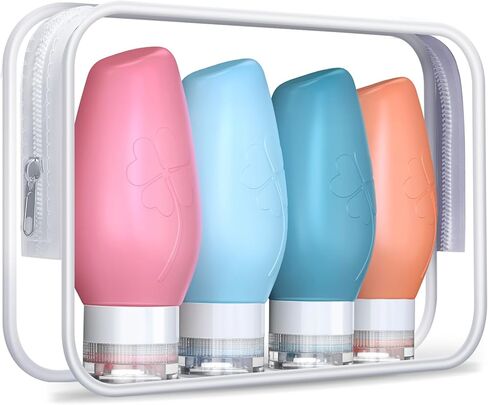 زجاجات سفر لمستحضرات التجميل، 3 أونصة (4 عبوات) حاويات بحجم السفر خالية من مادة BPA، مقاومة للتسرب وقابلة للعصر، حاويات بحجم السفر من السيليكون لشامبو مستحضرات التجميل واللوشن، أساسيات السفر للنساء in Kuwait