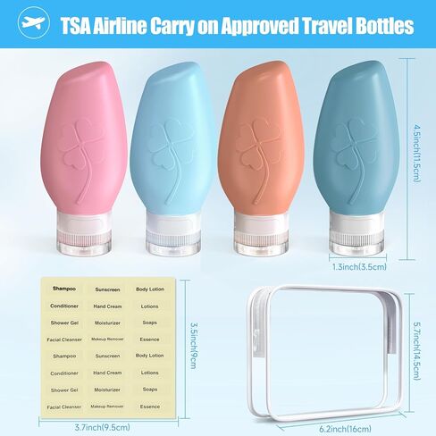 زجاجات سفر لمستحضرات التجميل، 3 أونصة (4 عبوات) حاويات بحجم السفر خالية من مادة BPA، مقاومة للتسرب وقابلة للعصر، حاويات بحجم السفر من السيليكون لشامبو مستحضرات التجميل واللوشن، أساسيات السفر للنساء in Kuwait