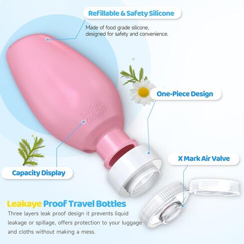 زجاجات سفر لمستحضرات التجميل، 3 أونصة (4 عبوات) حاويات بحجم السفر خالية من مادة BPA، مقاومة للتسرب وقابلة للعصر، حاويات بحجم السفر من السيليكون لشامبو مستحضرات التجميل واللوشن، أساسيات السفر للنساء in Kuwait