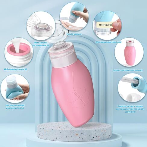 زجاجات سفر لمستحضرات التجميل، 3 أونصة (4 عبوات) حاويات بحجم السفر خالية من مادة BPA، مقاومة للتسرب وقابلة للعصر، حاويات بحجم السفر من السيليكون لشامبو مستحضرات التجميل واللوشن، أساسيات السفر للنساء in Kuwait