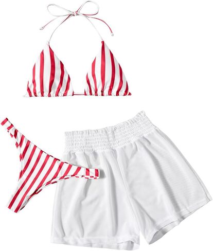 Verdusa Women's 3 Piece Striped Halter Bikini Swimsuit Bathing Suit with Beach Shorts in Saudi Arabia