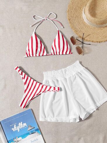 Verdusa Women's 3 Piece Striped Halter Bikini Swimsuit Bathing Suit with Beach Shorts in Saudi Arabia