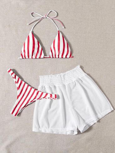 Verdusa Women's 3 Piece Striped Halter Bikini Swimsuit Bathing Suit with Beach Shorts in Saudi Arabia
