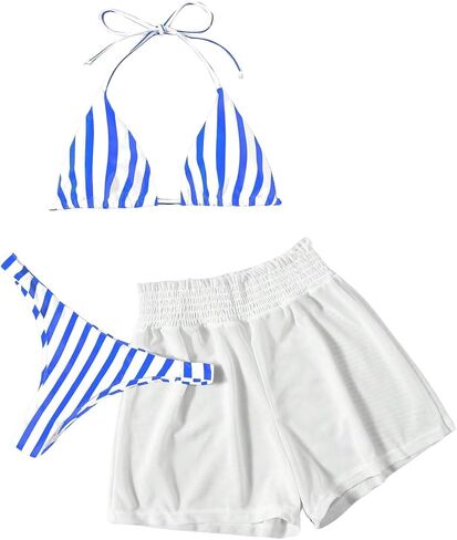 Verdusa Women's 3 Piece Striped Halter Bikini Swimsuit Bathing Suit with Beach Shorts in Saudi Arabia