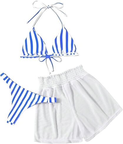Verdusa Women's 3 Piece Striped Halter Bikini Swimsuit Bathing Suit with Beach Shorts in Saudi Arabia