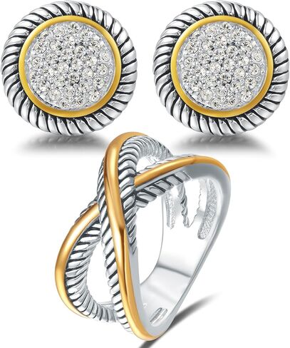 UNY JEWEL Two Tone X Cross Designer Inspired Twisted Cable Wire Ring French Clip Earring Women Fashion Jewelry Christmas Gifts Size 7 in Saudi Arabia