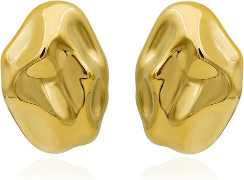 مشبك بيضاوي مطروق مكتنز على الأقراط للنساء الفتيات، زر مطلي بالذهب عيار 14 قيراط بدون ثقب أقراط هندسية غير منتظمة سميكة، مجوهرات عصرية فريدة من نوعها in Kuwait