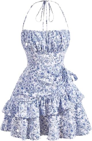 SOLY HUX Women's Floral Print Halter Tie Back Dress Ruffle Trim Flowy Casual Short Dresses in Saudi Arabia