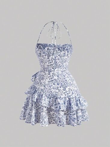 SOLY HUX Women's Floral Print Halter Tie Back Dress Ruffle Trim Flowy Casual Short Dresses in Saudi Arabia