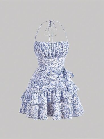 SOLY HUX Women's Floral Print Halter Tie Back Dress Ruffle Trim Flowy Casual Short Dresses in Saudi Arabia
