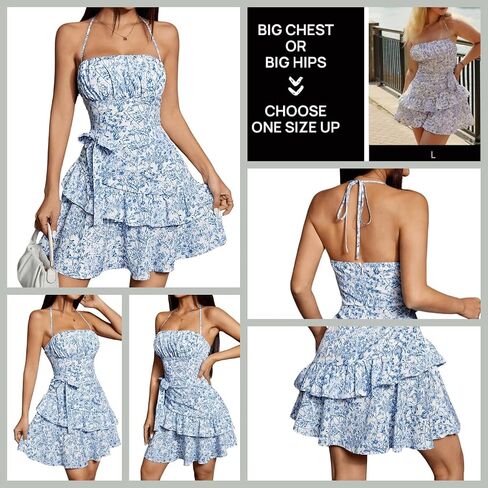 SOLY HUX Women's Floral Print Halter Tie Back Dress Ruffle Trim Flowy Casual Short Dresses in Saudi Arabia