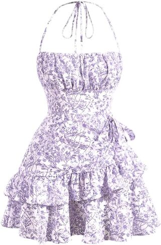SOLY HUX Women's Floral Print Halter Tie Back Dress Ruffle Trim Flowy Casual Short Dresses in Saudi Arabia