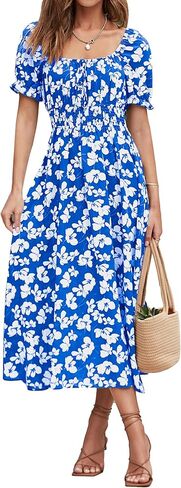 XIONGMEI المرأة الصيف عادية ساحة الرقبة كم قصير Smocked الخصر ألف خط فساتين متوسطة الطول بوهو الأزهار طباعة فستان الشاطئ in Kuwait