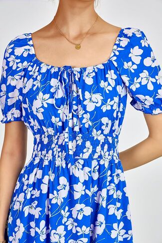 XIONGMEI المرأة الصيف عادية ساحة الرقبة كم قصير Smocked الخصر ألف خط فساتين متوسطة الطول بوهو الأزهار طباعة فستان الشاطئ in Kuwait