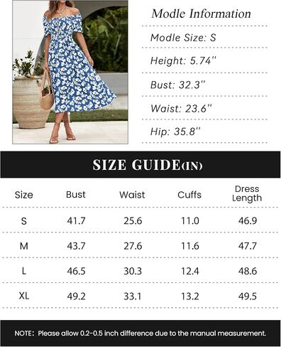 XIONGMEI المرأة الصيف عادية ساحة الرقبة كم قصير Smocked الخصر ألف خط فساتين متوسطة الطول بوهو الأزهار طباعة فستان الشاطئ in Kuwait