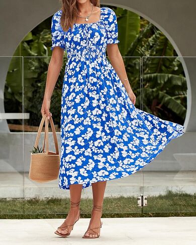 XIONGMEI المرأة الصيف عادية ساحة الرقبة كم قصير Smocked الخصر ألف خط فساتين متوسطة الطول بوهو الأزهار طباعة فستان الشاطئ in Kuwait