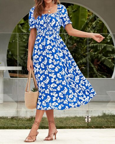 XIONGMEI المرأة الصيف عادية ساحة الرقبة كم قصير Smocked الخصر ألف خط فساتين متوسطة الطول بوهو الأزهار طباعة فستان الشاطئ in Kuwait