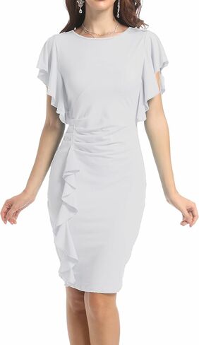 Women's Fashion Church Ruffle Sleeve Ruched Vintage Work Midi Pencil Dress in Saudi Arabia