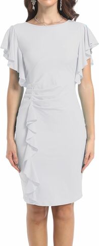 Women's Fashion Church Ruffle Sleeve Ruched Vintage Work Midi Pencil Dress in Saudi Arabia