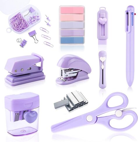 Purple Mini Office Supply Kit Mini School Supplies Desk Accessory Set Includes Mini Stapler Pencil Sharpener Staple Remover Hole Punch Ballpoint Pen Scissor Box Cutter Paper Clips Sticky Index Tabs in Saudi Arabia