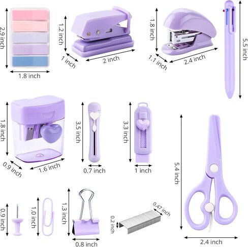Purple Mini Office Supply Kit Mini School Supplies Desk Accessory Set Includes Mini Stapler Pencil Sharpener Staple Remover Hole Punch Ballpoint Pen Scissor Box Cutter Paper Clips Sticky Index Tabs in Saudi Arabia