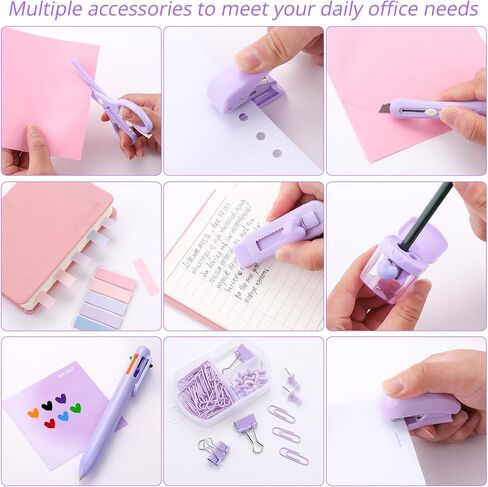 Purple Mini Office Supply Kit Mini School Supplies Desk Accessory Set Includes Mini Stapler Pencil Sharpener Staple Remover Hole Punch Ballpoint Pen Scissor Box Cutter Paper Clips Sticky Index Tabs in Saudi Arabia