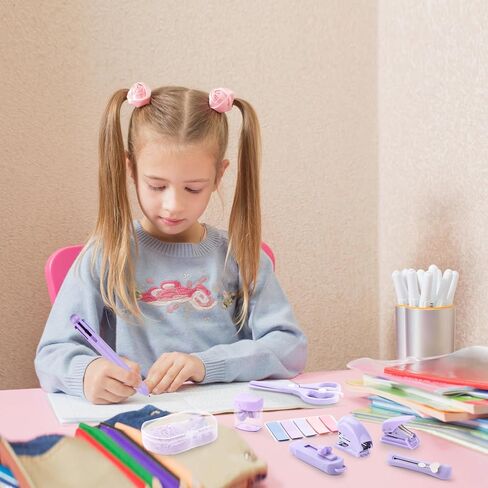 Purple Mini Office Supply Kit Mini School Supplies Desk Accessory Set Includes Mini Stapler Pencil Sharpener Staple Remover Hole Punch Ballpoint Pen Scissor Box Cutter Paper Clips Sticky Index Tabs in Saudi Arabia