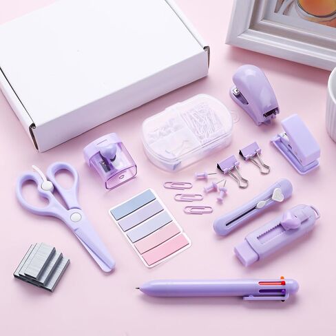 Purple Mini Office Supply Kit Mini School Supplies Desk Accessory Set Includes Mini Stapler Pencil Sharpener Staple Remover Hole Punch Ballpoint Pen Scissor Box Cutter Paper Clips Sticky Index Tabs in Saudi Arabia