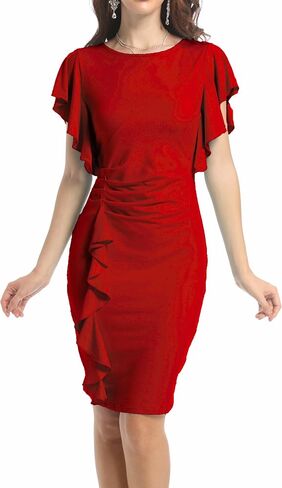 Women's Fashion Church Ruffle Sleeve Ruched Vintage Work Midi Pencil Dress in Saudi Arabia