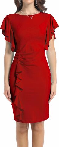 Women's Fashion Church Ruffle Sleeve Ruched Vintage Work Midi Pencil Dress in Saudi Arabia